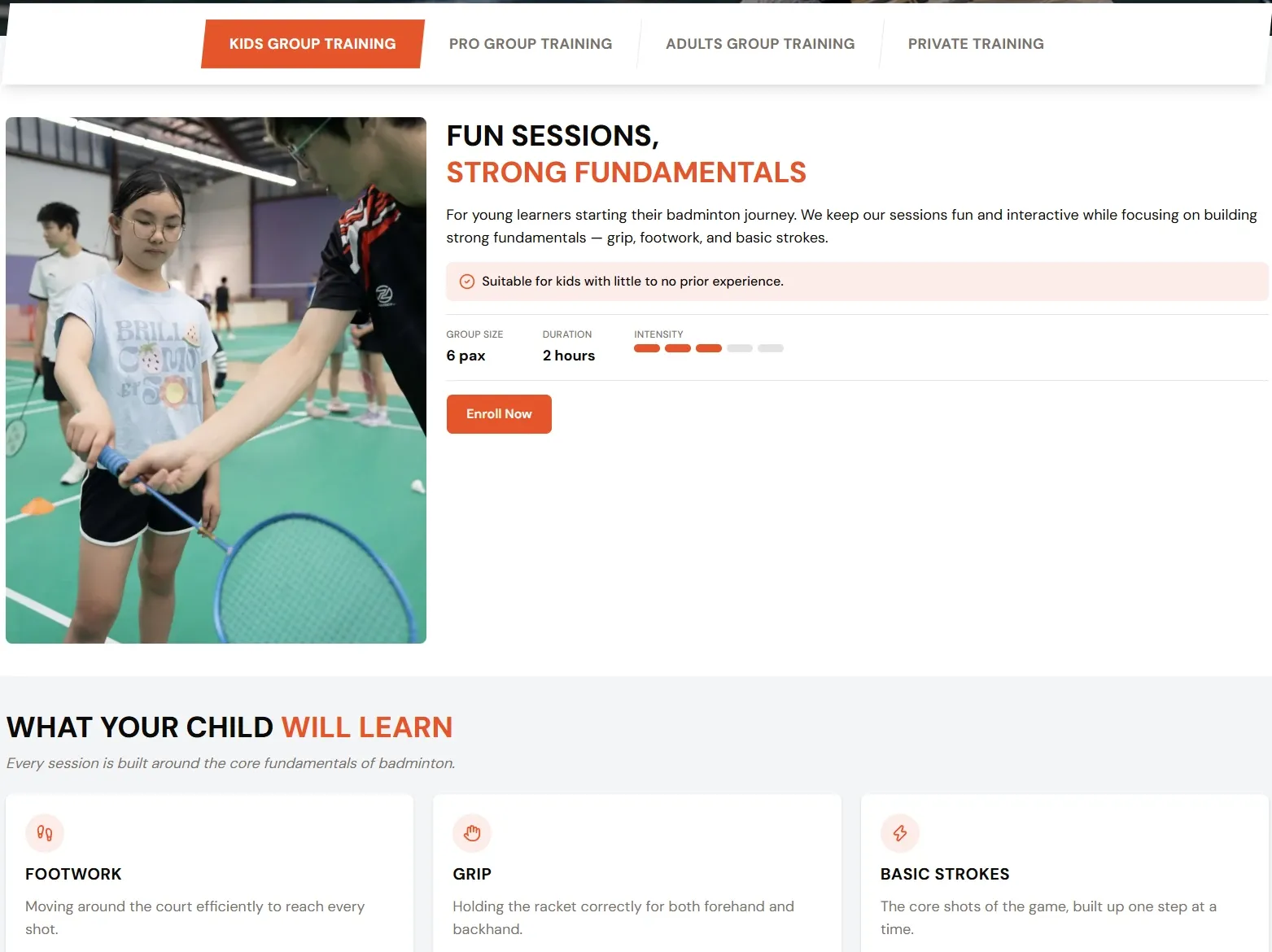 Kids group classes page of the AG Badminton Brisbane website, with class tabs, session details and an enrol button